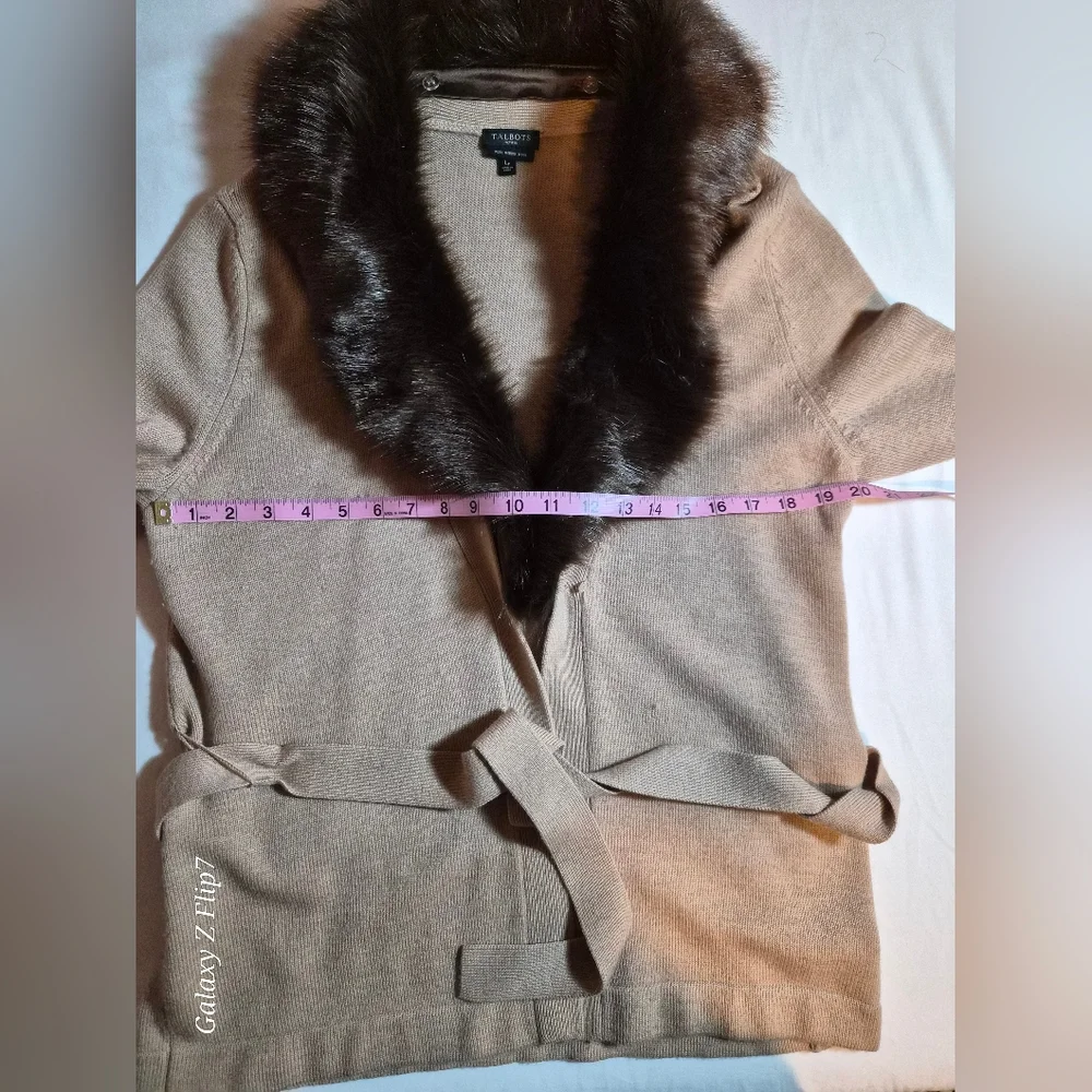 Talbots Petites 100% Merino Wool Cardigan with Faux Fur Collar LP Tan Belted - Picture 5 of 11